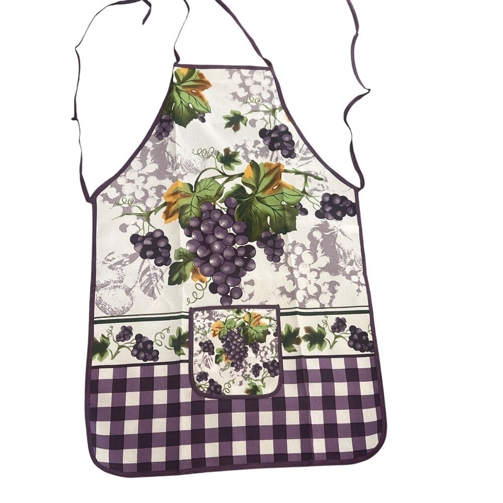 Vintage Grape Vine Patterned Kitchen Apron Front Pocket Back Tie 68" Total NWOT